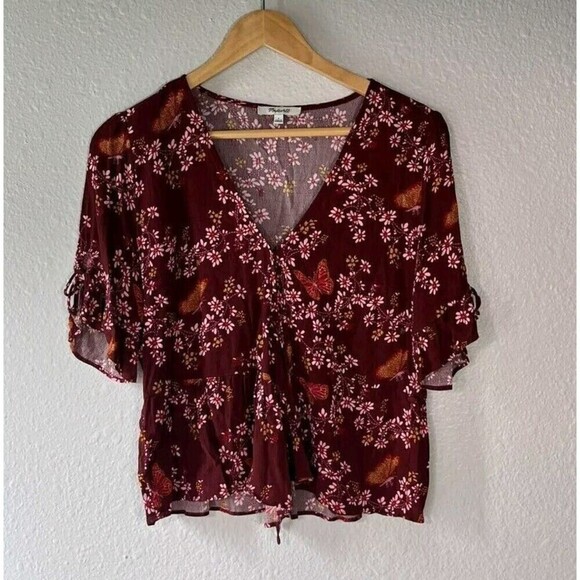 Madewell Tie Sleeve Wrap Top Burgundy Butterfly Size 2 - Picture 4 of 8